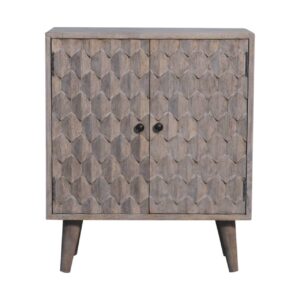 Solid Mango Wood Stone Finished Carved Mini Pineapple 2 Door Cabinet