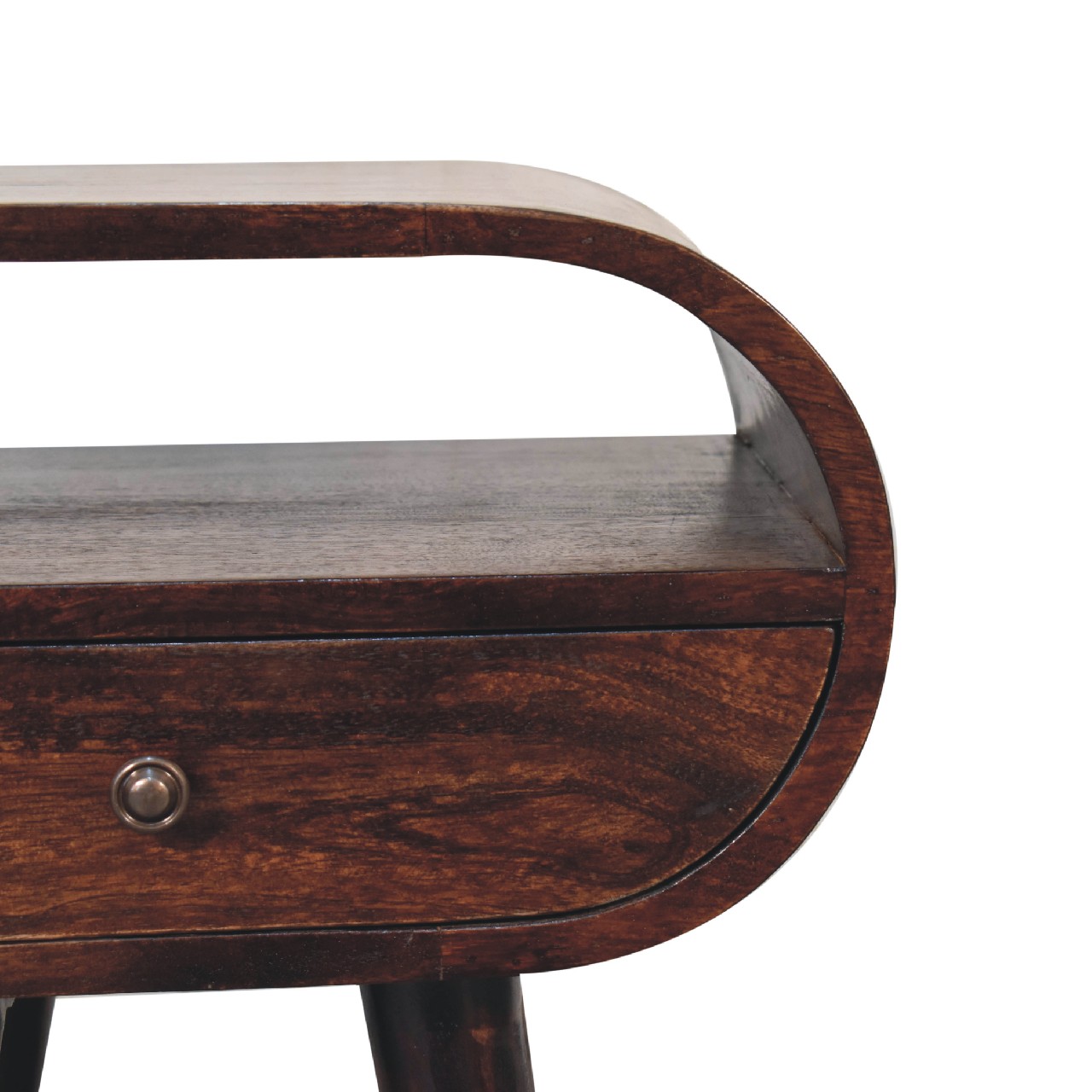 Solid Mango Wood Light Walnut Circular Bedside with Open Slot - Image 4