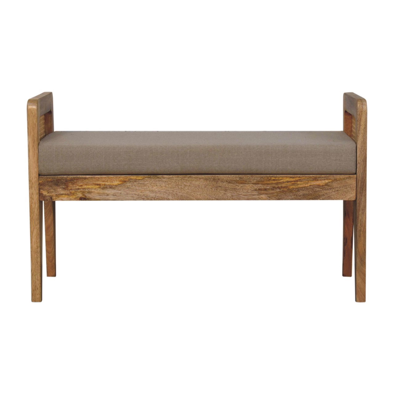 Solid Mango Wood Mud Coloured Linen and Rattan Bench