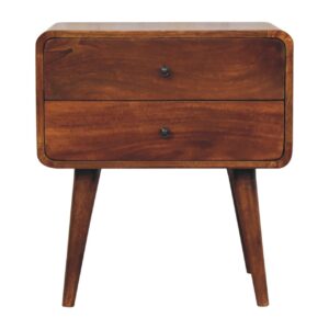 Solid Mango Wood Chestnut Finished 2 Drawer Large Curved Bedside