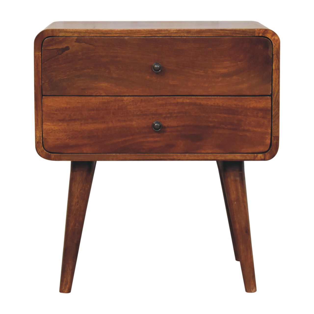 Solid Mango Wood Chestnut Finished 2 Drawer Large Curved Bedside
