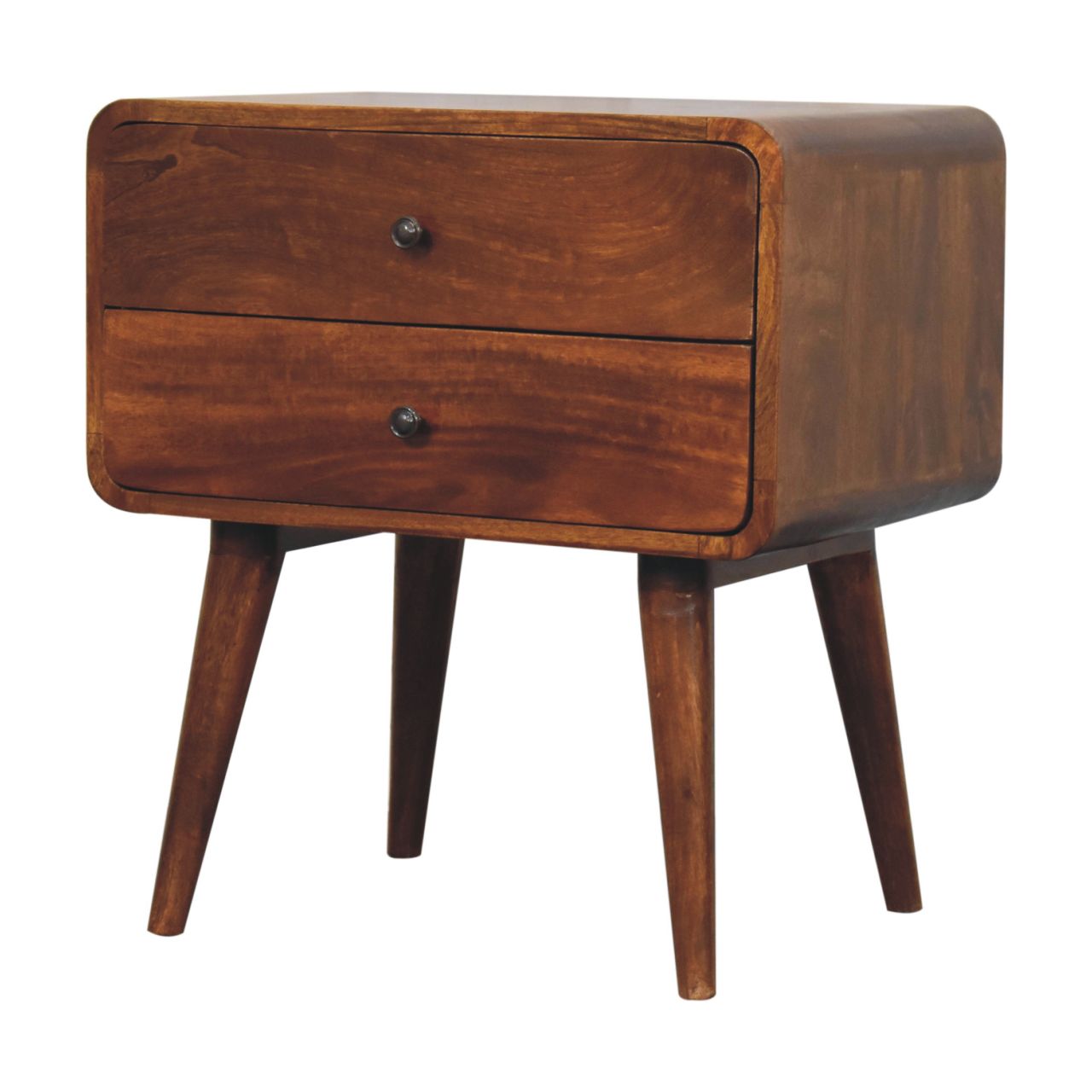 Solid Mango Wood Chestnut Finished 2 Drawer Large Curved Bedside - Image 2