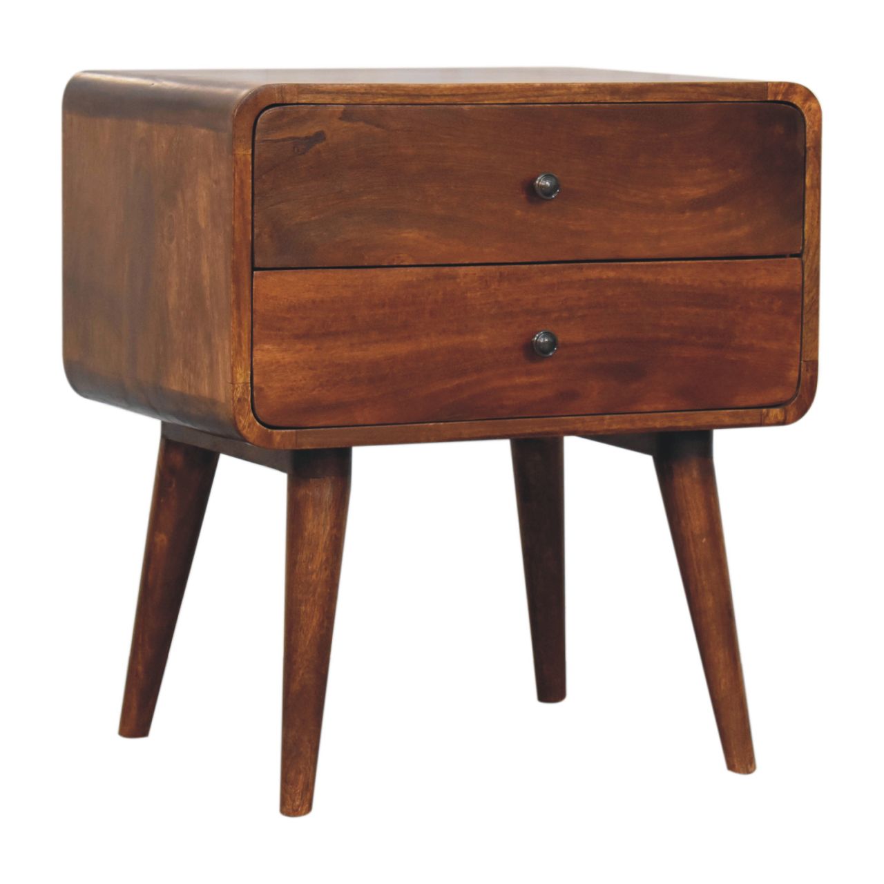 Solid Mango Wood Chestnut Finished 2 Drawer Large Curved Bedside - Image 3