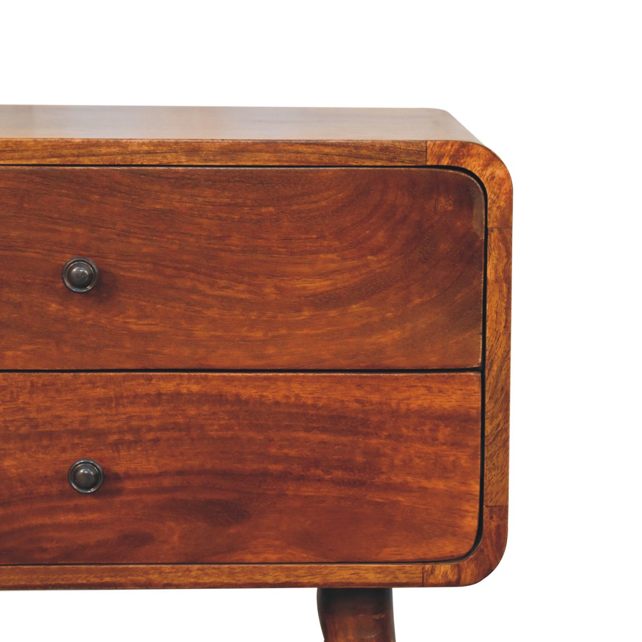 Solid Mango Wood Chestnut Finished 2 Drawer Large Curved Bedside - Image 4