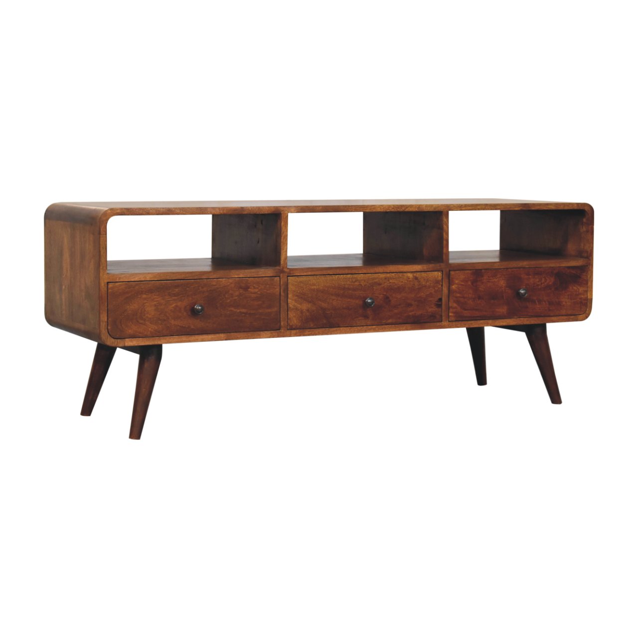 Solid Mango Wood Trio Curved Chestnut Media Unit - Image 2