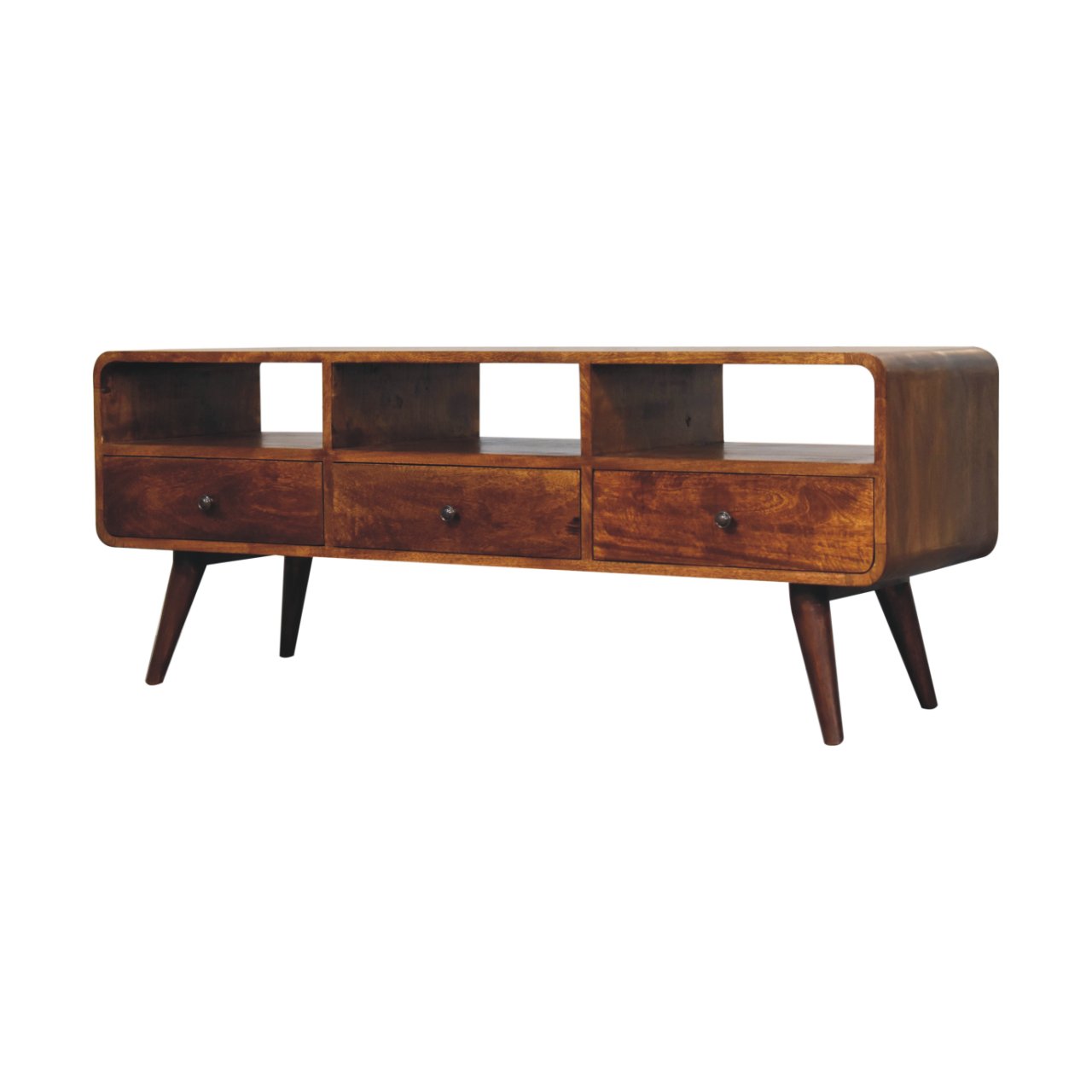 Solid Mango Wood Trio Curved Chestnut Media Unit - Image 3