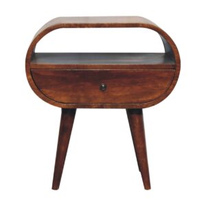 Solid Mango Wood Chestnut Finished 1 Drawer 1 Slot Large Rounded Open Bedside