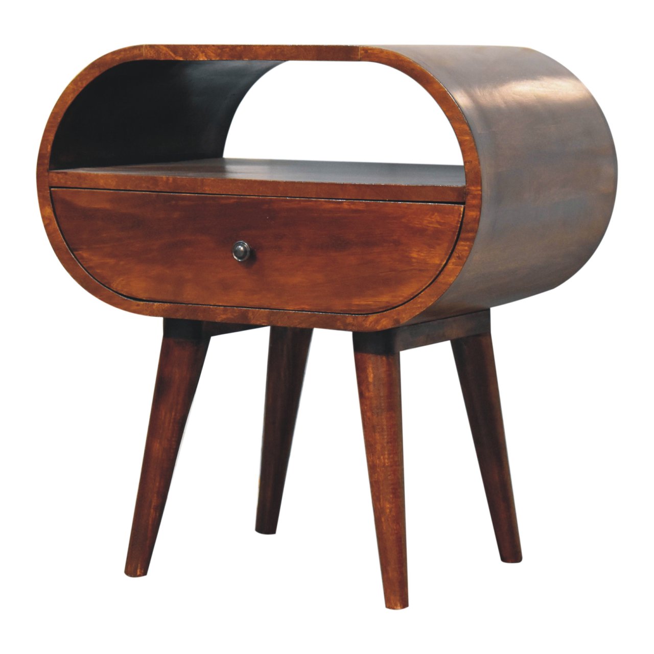 Solid Mango Wood Chestnut Finished 1 Drawer 1 Slot Large Rounded Open Bedside - Image 2