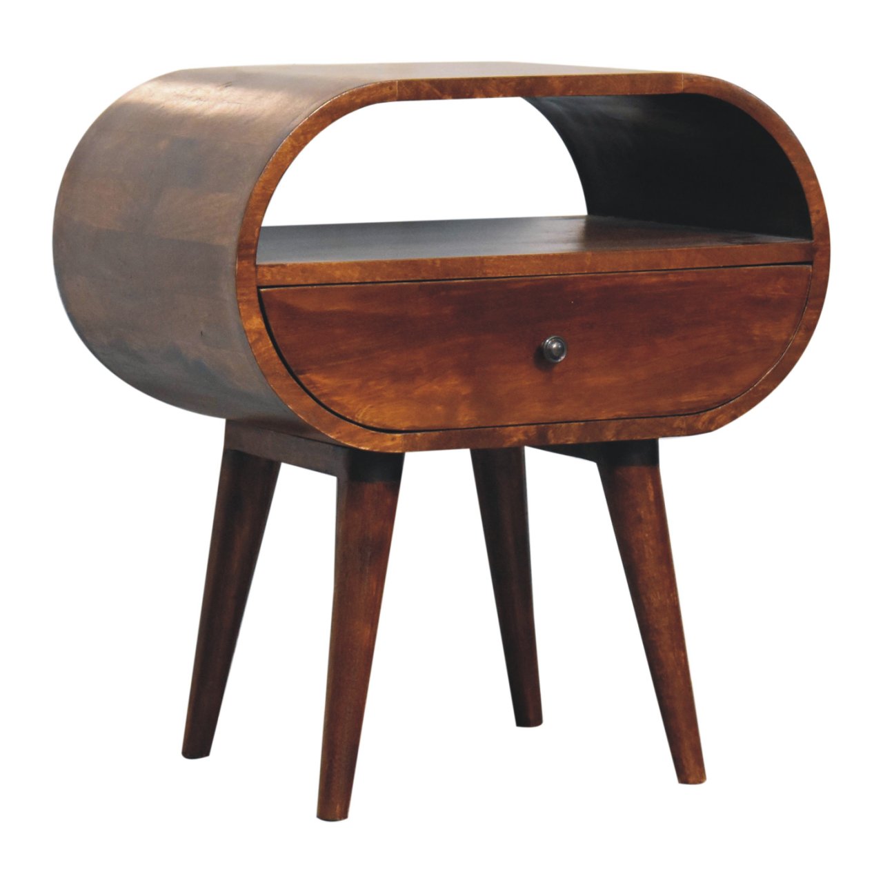 Solid Mango Wood Chestnut Finished 1 Drawer 1 Slot Large Rounded Open Bedside - Image 3