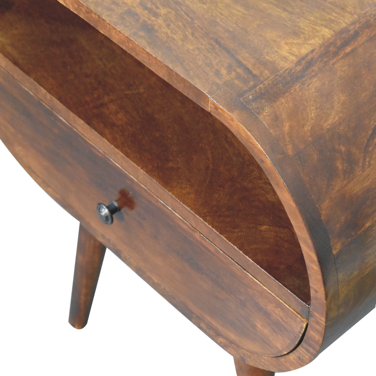 Solid Mango Wood Chestnut Finished 1 Drawer 1 Slot Large Rounded Open Bedside - Image 5