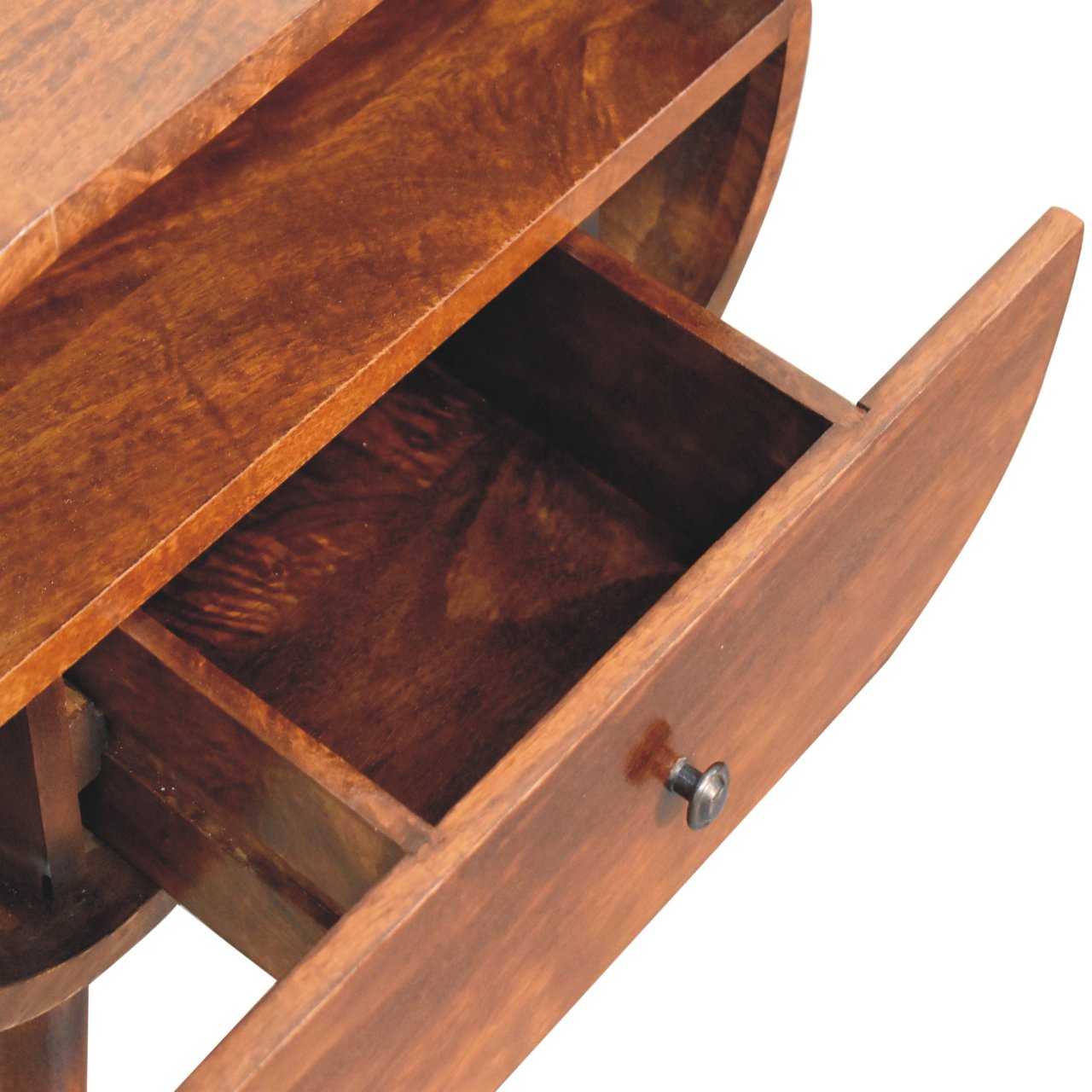 Solid Mango Wood Chestnut Finished 1 Drawer 1 Slot Large Rounded Open Bedside - Image 6
