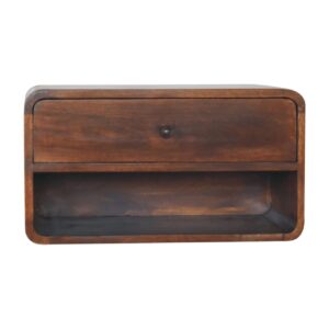 Solid Mango Wood Oak Finished Large Curve Floating 1 Drawer Bedside