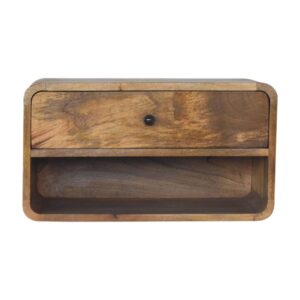 Solid Mango Wood Oak  Finished Large Floating Curve Open Slot 1 Drawer Bedside