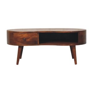 Solid Mango Wood Chestnut Finished Large Wave Shaped 1 Drawer 1 Slot Coffee Table