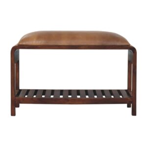 Solid Mango Wood Chestnut Finished Buffalo Leather Upholstery Slatted Square Bench