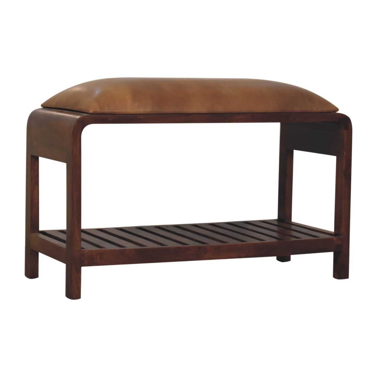 Solid Mango Wood Chestnut Finished Buffalo Leather Upholstery Slatted Square Bench - Image 2