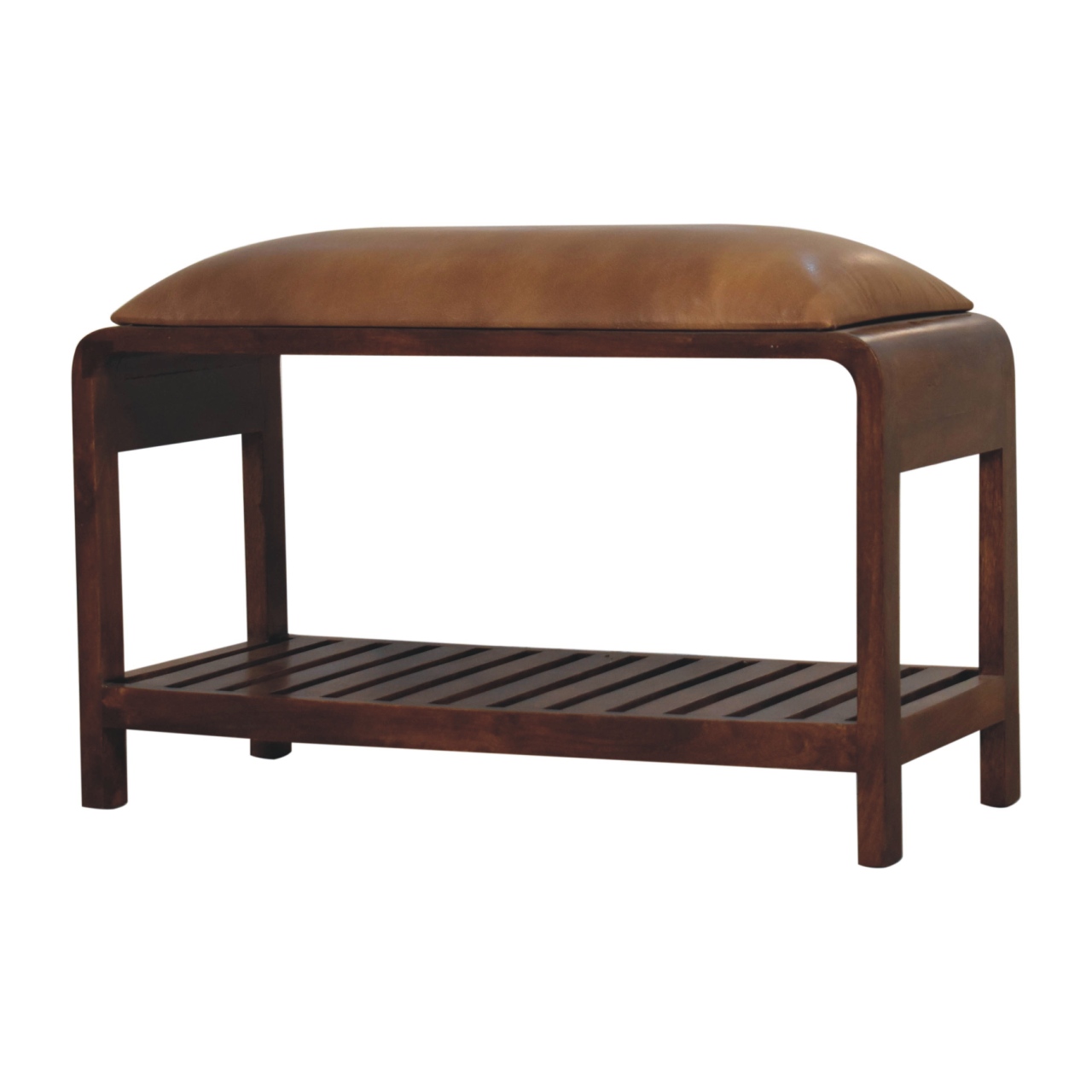 Solid Mango Wood Chestnut Finished Buffalo Leather Upholstery Slatted Square Bench - Image 3