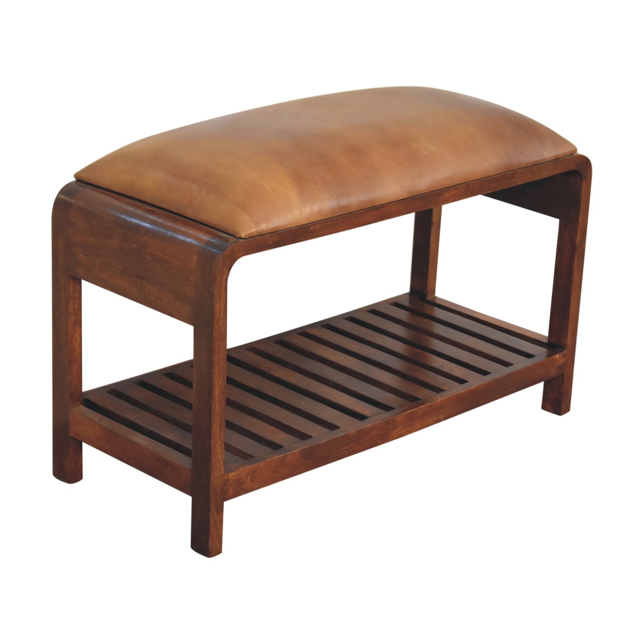 Solid Mango Wood Chestnut Finished Buffalo Leather Upholstery Slatted Square Bench - Image 4