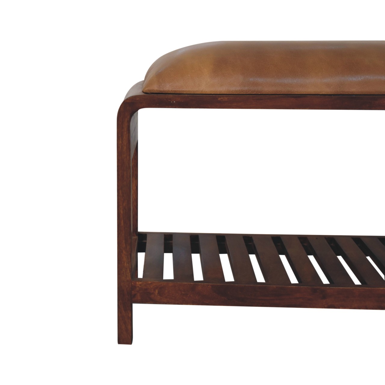 Solid Mango Wood Chestnut Finished Buffalo Leather Upholstery Slatted Square Bench - Image 5