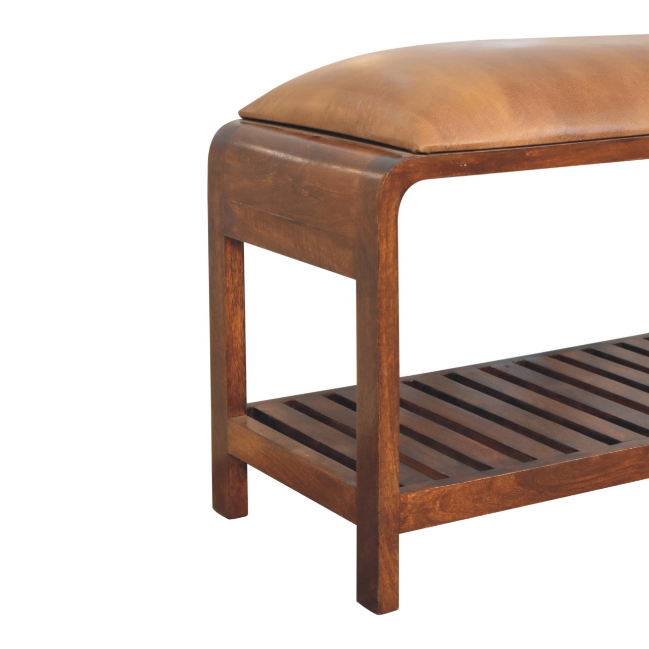 Solid Mango Wood Chestnut Finished Buffalo Leather Upholstery Slatted Square Bench - Image 6
