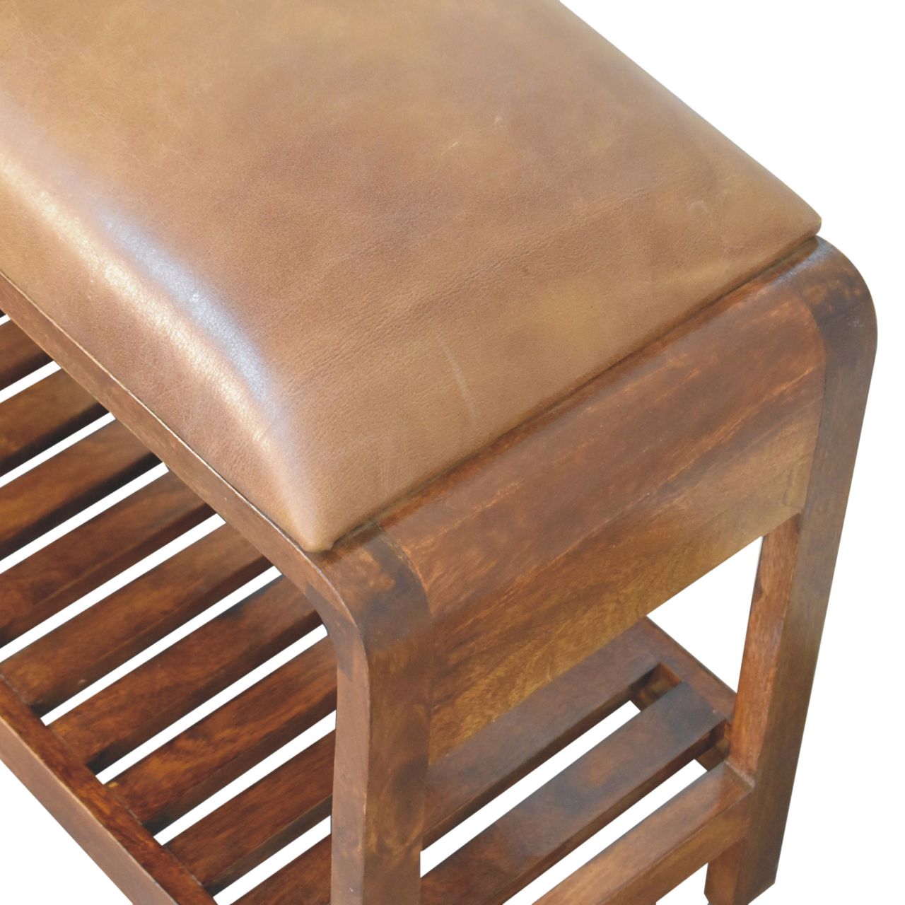 Solid Mango Wood Chestnut Finished Buffalo Leather Upholstery Slatted Square Bench - Image 7