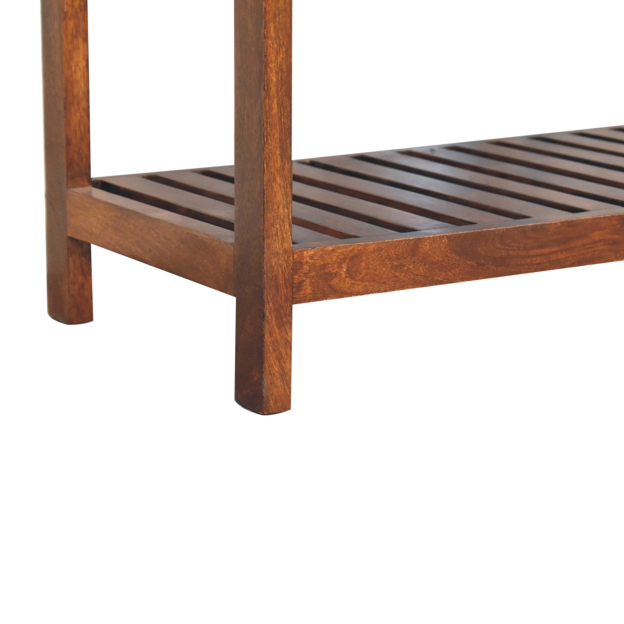 Solid Mango Wood Chestnut Finished Buffalo Leather Upholstery Slatted Square Bench - Image 8
