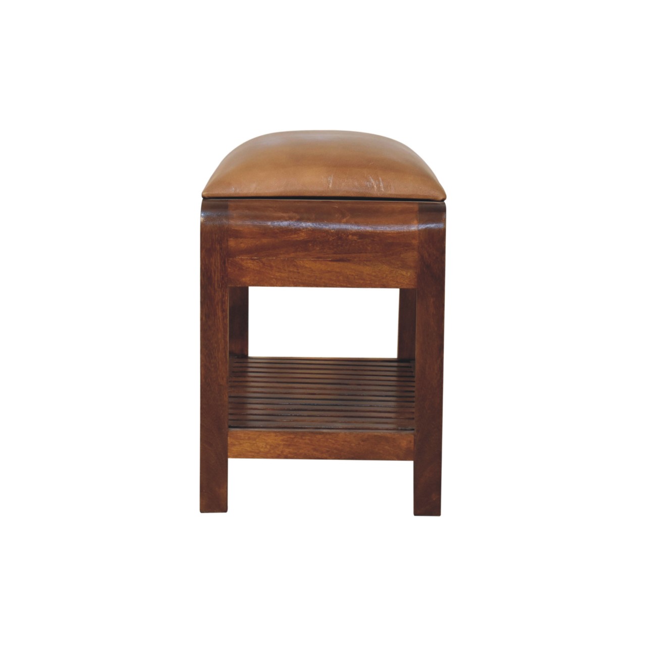 Solid Mango Wood Chestnut Finished Buffalo Leather Upholstery Slatted Square Bench - Image 9