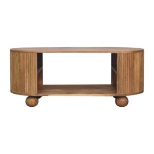 Solid Mango Wood Oak Finished Soba Ball Feet Open Ridged Coffee Table