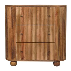 Solid Mango Wood Natural Finished 3 Drawer Fluted Soba Ball Chest