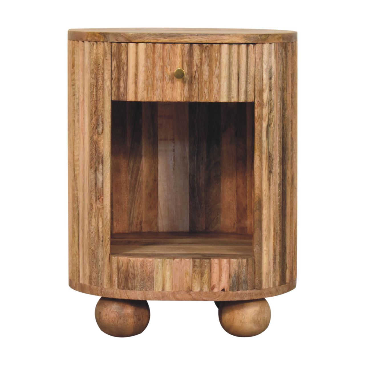 Solid Mango Wood Natural Finished 1 Drawer Soba Ball Slatted Open Slot Bedside