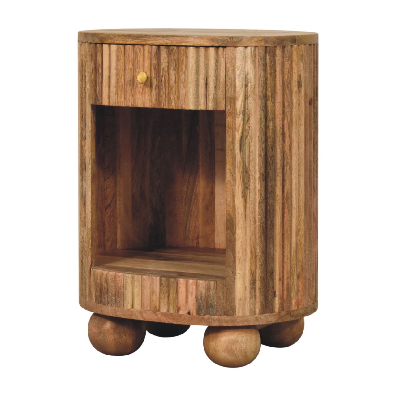 Solid Mango Wood Natural Finished 1 Drawer Soba Ball Slatted Open Slot Bedside - Image 2