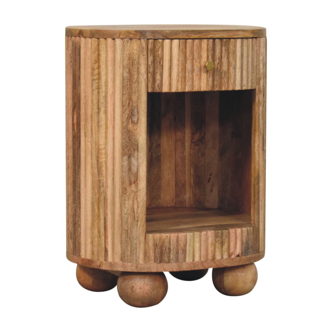 Solid Mango Wood Natural Finished 1 Drawer Soba Ball Slatted Open Slot Bedside - Image 3