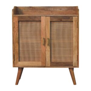 Solid Mango Wood Natural Finished Larissa T-Bar Raised 2 Rattan Door Cabinet