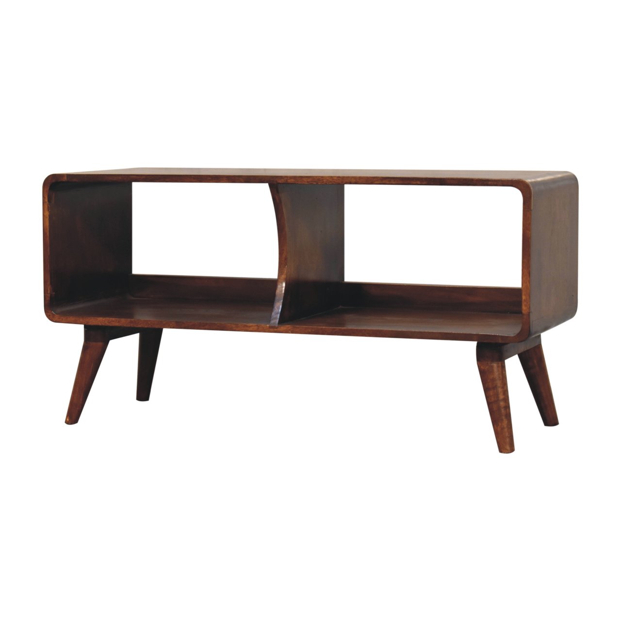 Solid Mango Wood Chestnut Finished Curved Double Slot Media Unit - Image 2