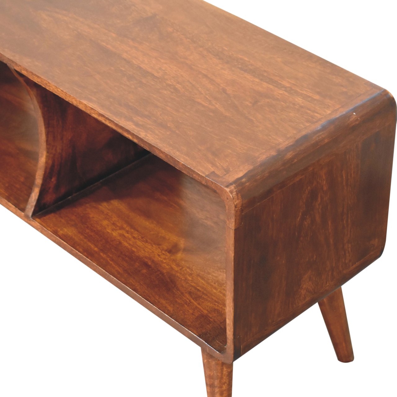 Solid Mango Wood Chestnut Finished Curved Double Slot Media Unit - Image 5