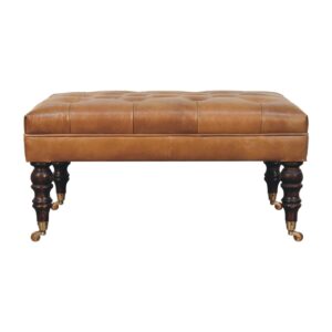 Solid Mango Wood California Walnut Finished Buffalo Brown Leather Ottoman with Castor Legs