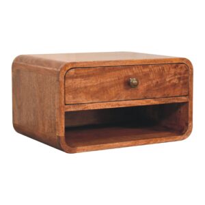 Solid Mango Wood Curved Honey Caramel Wall Mounted Bedside with Open Slot