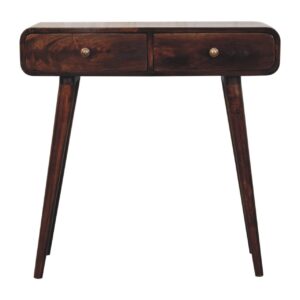 Solid Mango Wood Light California Walnut Finish 2 Drawer Curved Hallway Table