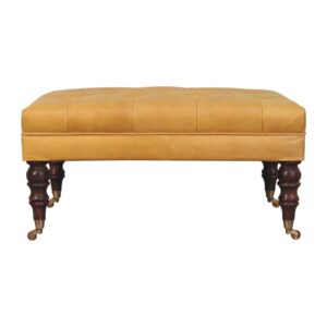 Solid Mango Wood Honey Caramel Finished and Buffalo Tan Leather Ottoman with Castor Legs