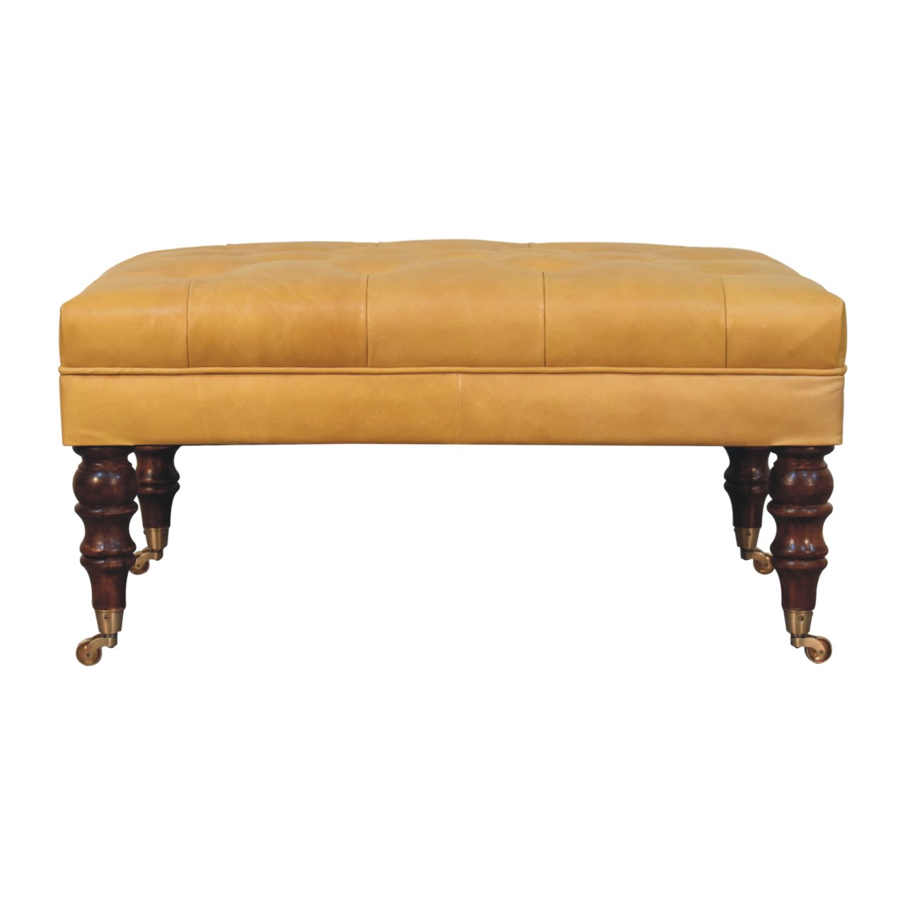 Solid Mango Wood Honey Caramel Finished and Buffalo Tan Leather Ottoman with Castor Legs