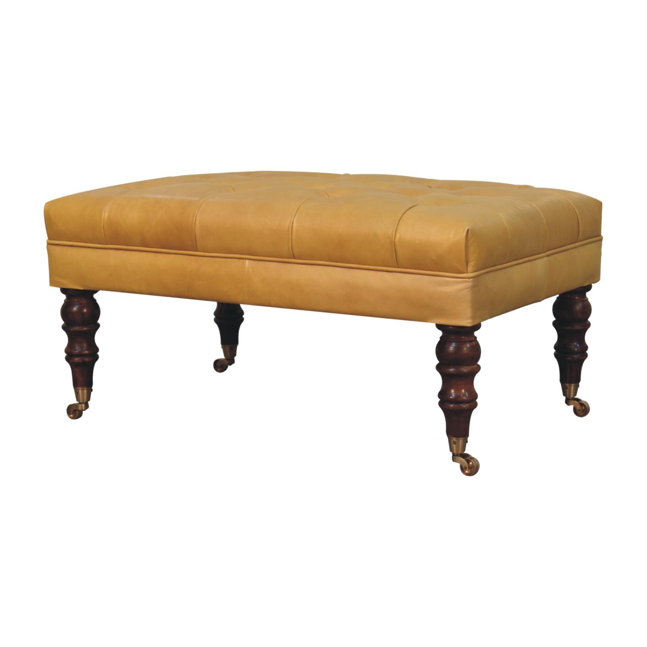 Solid Mango Wood Honey Caramel Finished and Buffalo Tan Leather Ottoman with Castor Legs - Image 2