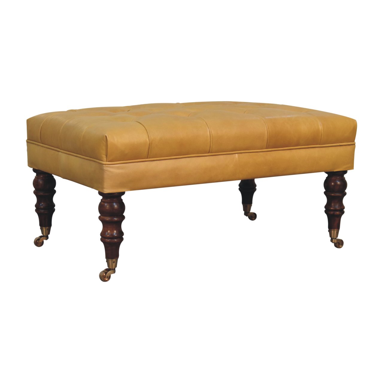 Solid Mango Wood Honey Caramel Finished and Buffalo Tan Leather Ottoman with Castor Legs - Image 3