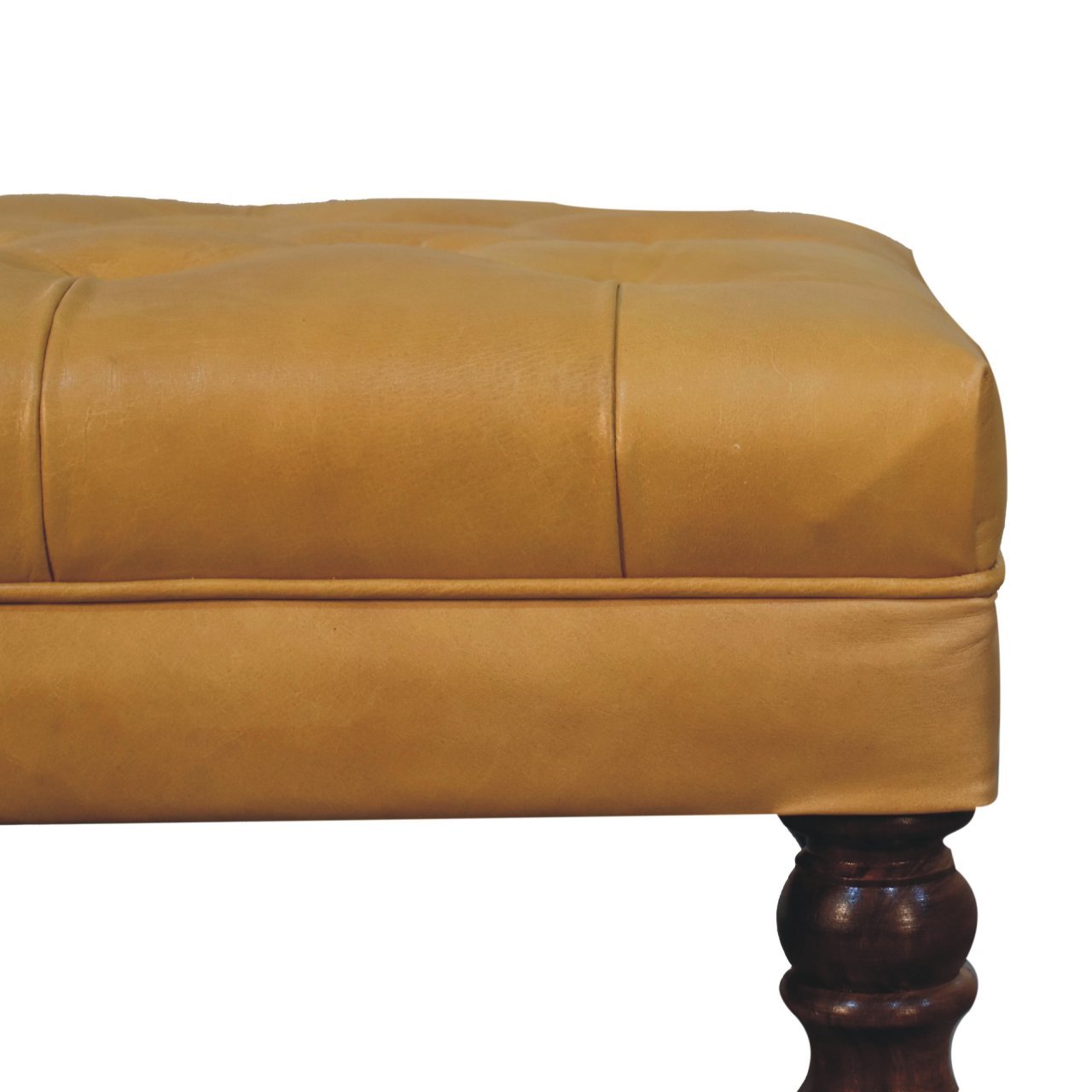 Solid Mango Wood Honey Caramel Finished and Buffalo Tan Leather Ottoman with Castor Legs - Image 4