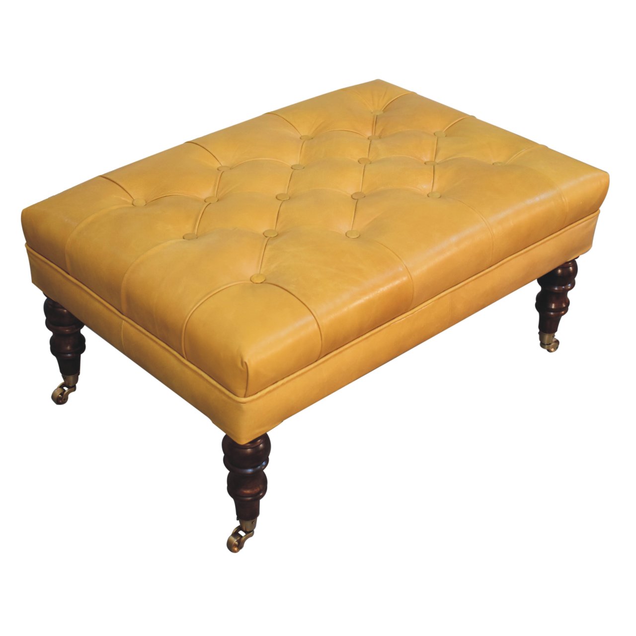 Solid Mango Wood Honey Caramel Finished and Buffalo Tan Leather Ottoman with Castor Legs - Image 5
