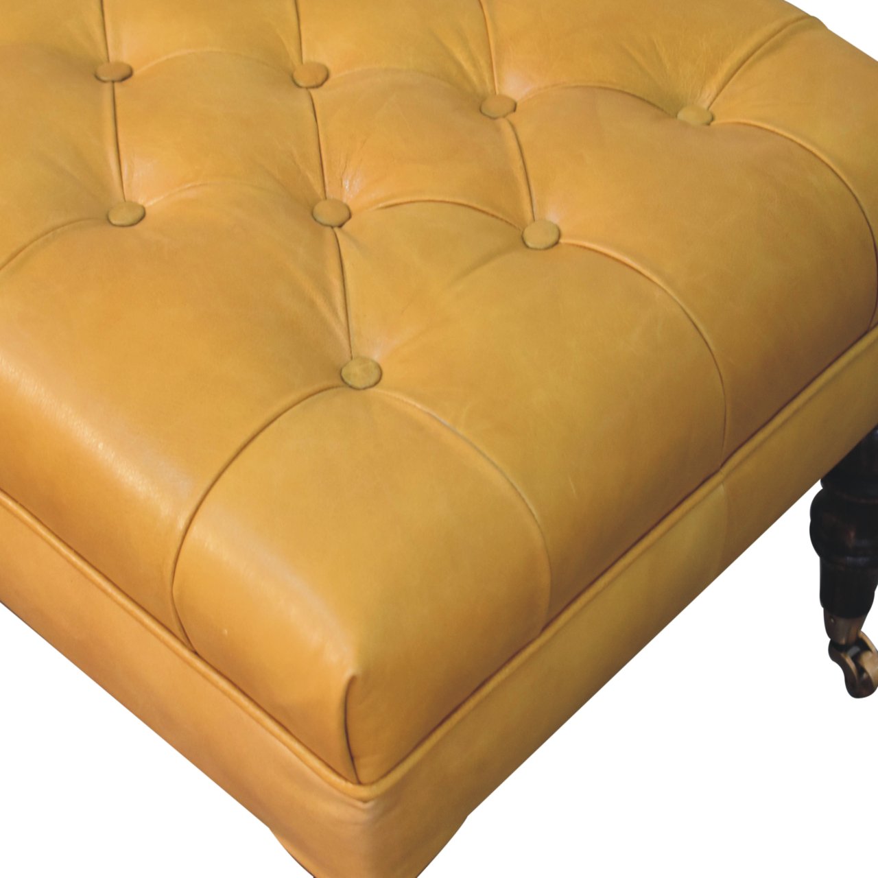 Solid Mango Wood Honey Caramel Finished and Buffalo Tan Leather Ottoman with Castor Legs - Image 6