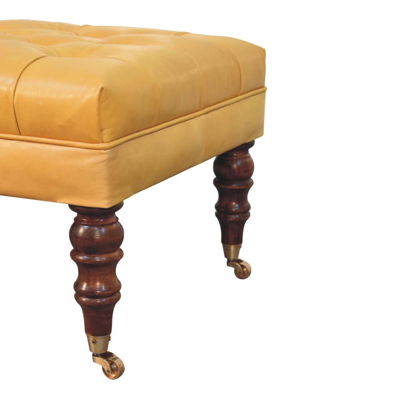 Solid Mango Wood Honey Caramel Finished and Buffalo Tan Leather Ottoman with Castor Legs - Image 7