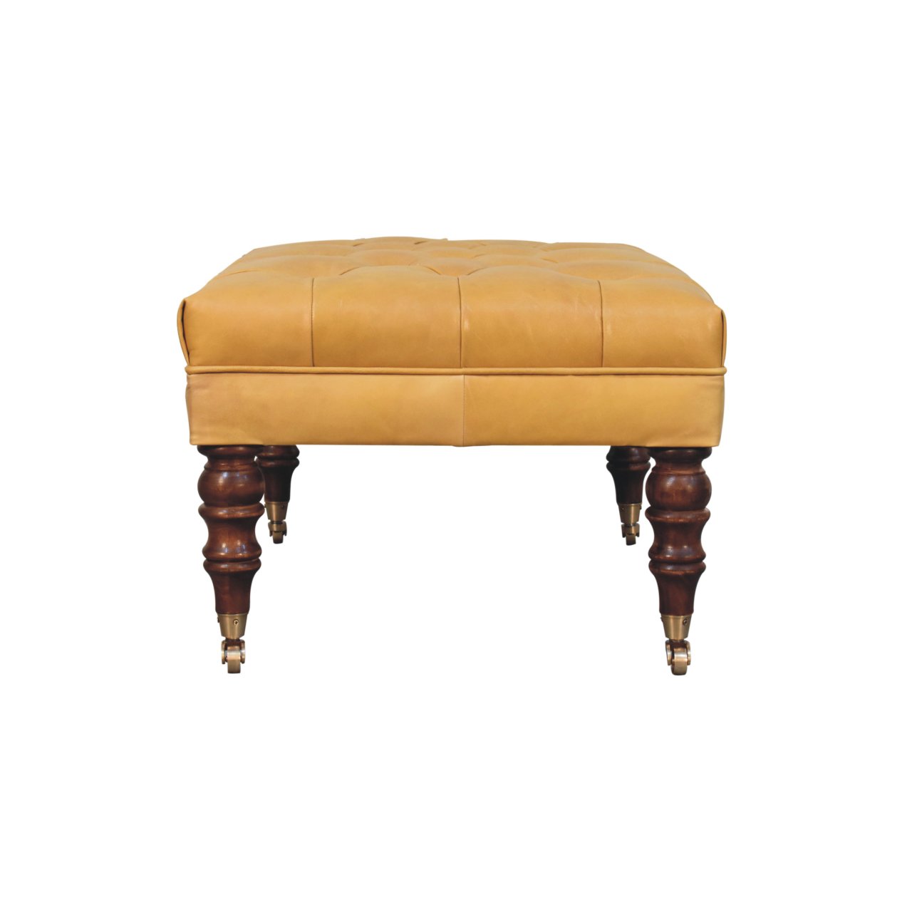 Solid Mango Wood Honey Caramel Finished and Buffalo Tan Leather Ottoman with Castor Legs - Image 8