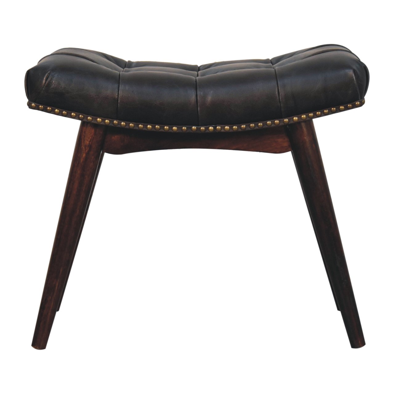 Solid Mango Wood California Walnut & Studded Black Leather Finished Bench