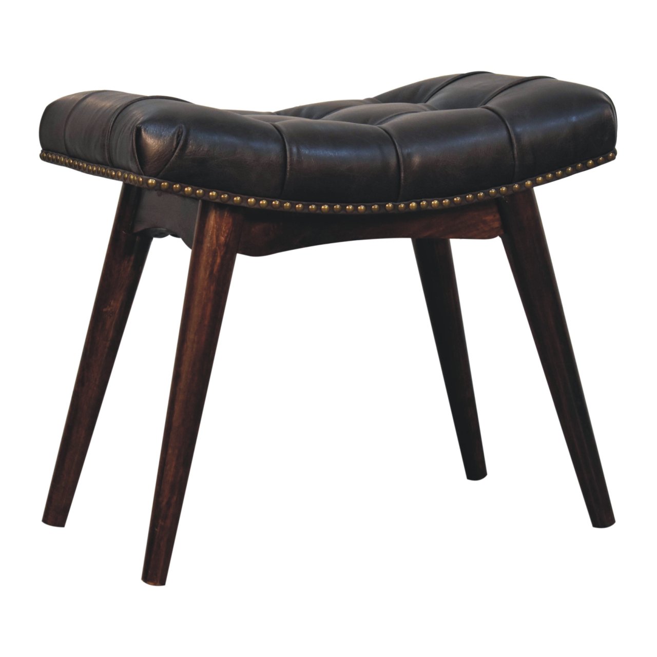 Solid Mango Wood California Walnut & Studded Black Leather Finished Bench - Image 2