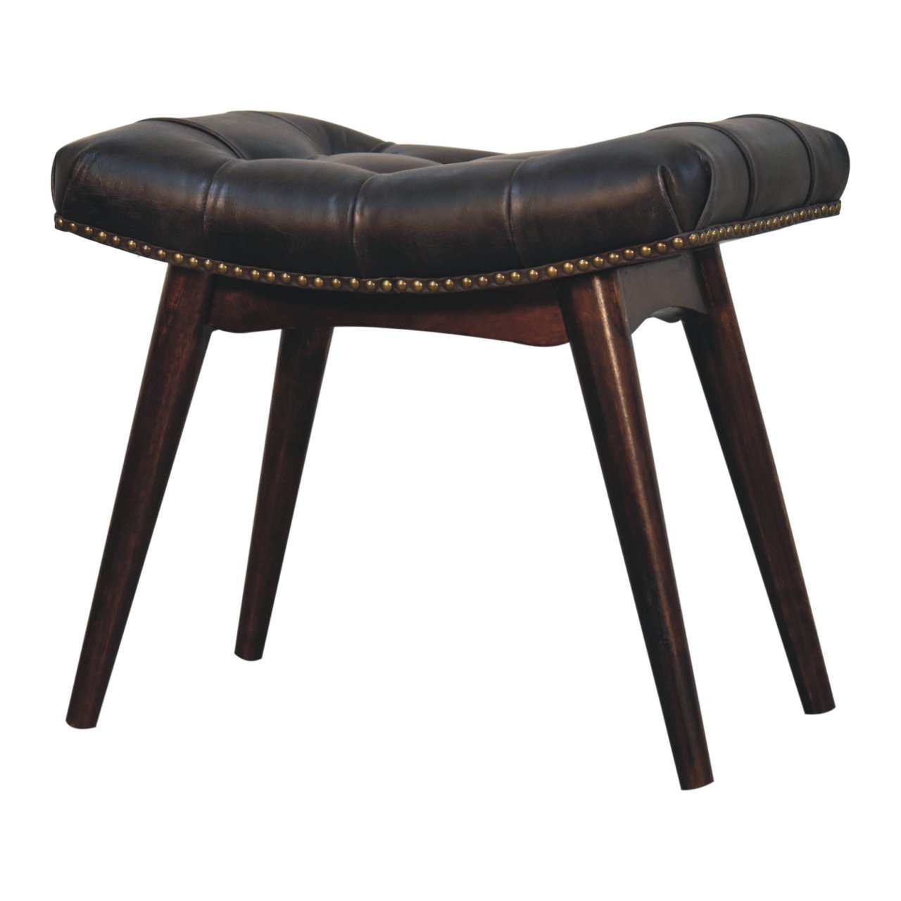 Solid Mango Wood California Walnut & Studded Black Leather Finished Bench - Image 3